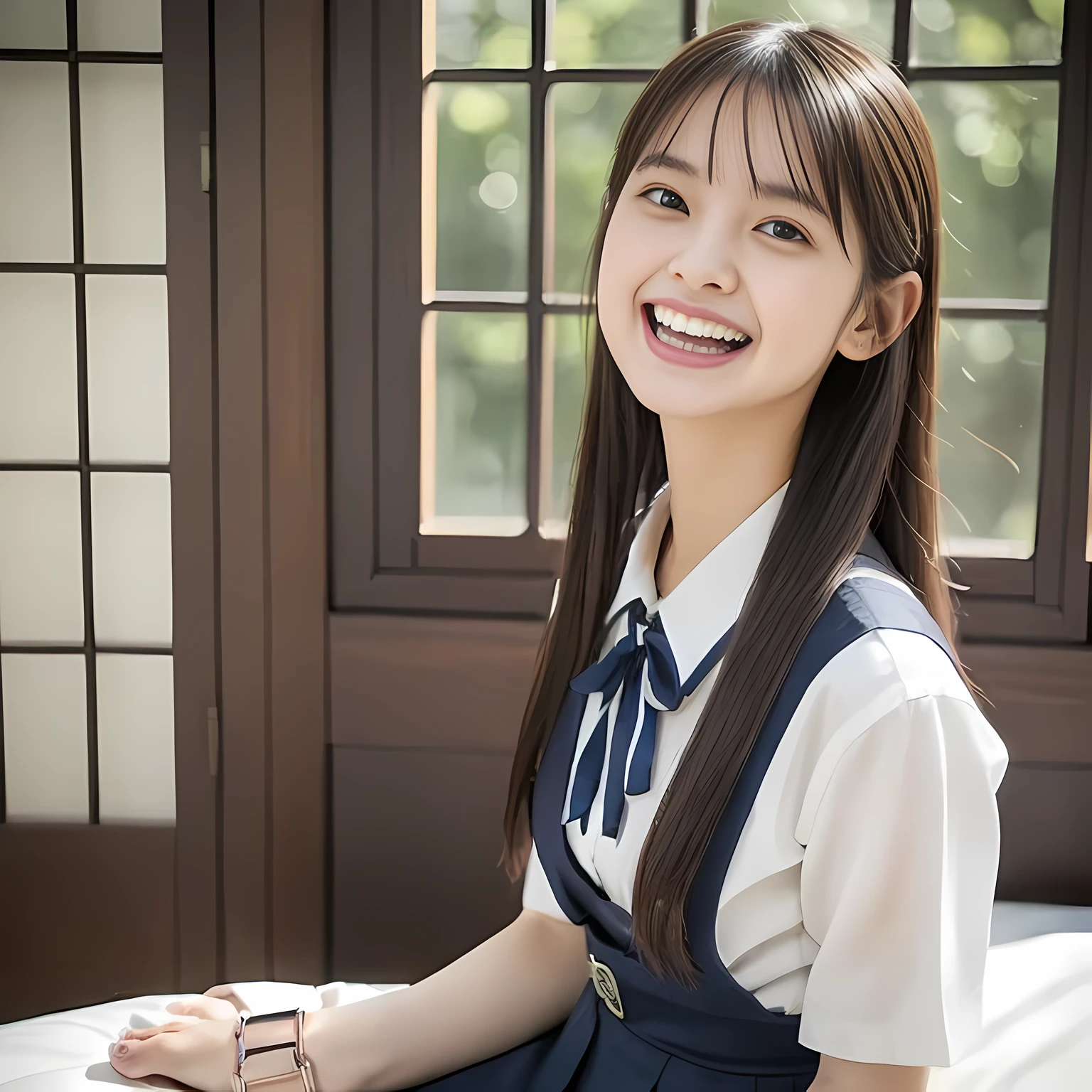 (highest quality、masterpiece:1.2)、highest quality、Realistic、photograph、High resolution、1080p、8K、Fair skin, especially face, Physical Rendering、((Height: 155cm)), one Japanese girl、((((((15 year old beautiful Japanese fashion model)))))), school summer uniform, ((((A beautiful girl in a deep window turns to the side and looks at the viewer)))), (((big very detailed beautiful dark brown eyes))), ((((impressive plain navy large school ribbon bow tie)))), ((((black very beautiful and very very long braids)))), ((((cute gray box-pleated skirt)))), ((A gray school vest)), ((ivory blouse with puffed short sleeves)), (((((((laughing at me!))))))), Mouth open, detailed fingers, ((curled bangs)), ((Very large and very very very cute eyes of a Japanese girl, drawn with great care and attention to detail.)), double eyelids, Thin eyebrows, ((drooping eyes)), (((very long eyelashes))), ((cute lovely lovely laughing laughing cheeks)), ((Pure white light hits her face from above and in the front, making her skin and eyes shine beautifully.)), ((Strong light hits the nose and cheeks、It brings out the richness of the expression.)), (((((Her facial features are very expressive lovely smile, very very pure, very very intelligent.))))), ((((On the bed)))), (((((barefoot))))), (((Shooting from the side)))