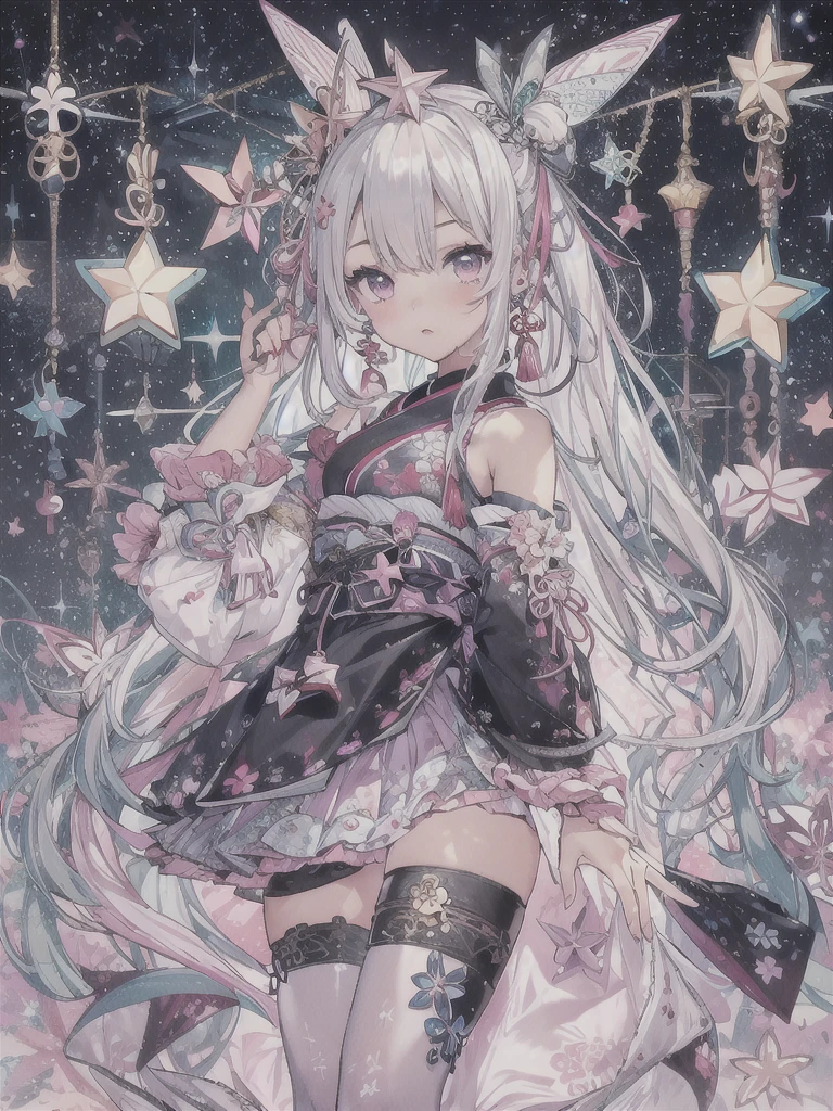 1girl、vtuber-fullbody、Star Fairy、Masterpiece、Official Art、Super detailed、super beautiful、かわいいStar Fairy、white straight short hair、Milky Way、universe、star charm、Star、、Knee-high boots、Japanese pattern dress、A beautiful girl wearing black and white clothes that are a remake of a yukata.、universeを思わせるOiranフリルドレス、Oiran