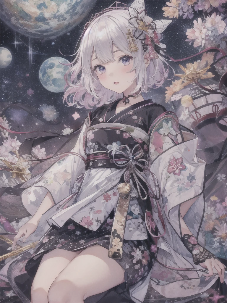 1girl、vtuber-fullbody、Star Fairy、Masterpiece、Official Art、Super detailed、super beautiful、かわいいStar Fairy、white straight short hair、Milky Way、universe、star charm、Star、、Knee-high boots、Japanese pattern dress、A beautiful girl wearing black and white clothes that are a remake of a yukata.、universeを思わせるOiranフリルドレス、Oiran