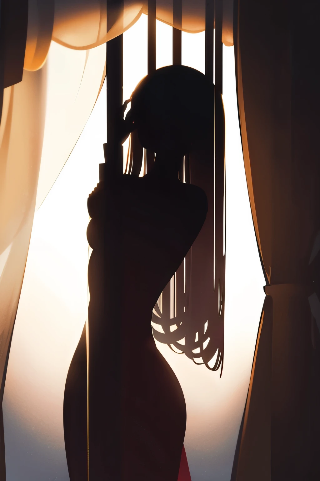 shadow art, fusion art, silhouette art, masterpiece, woman's shadow reflected on transparent and translucent curtains