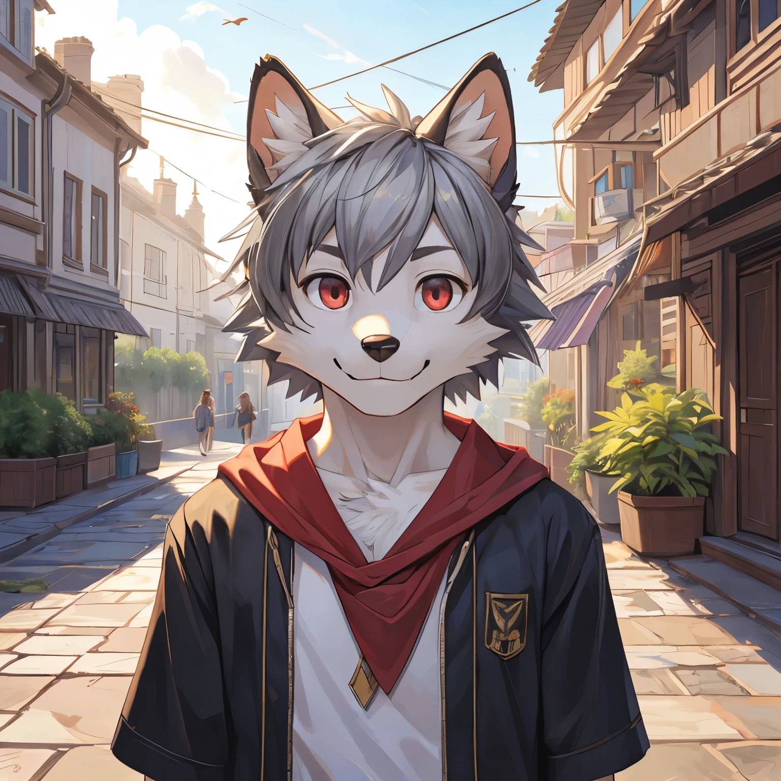 On e621, High resolution, 8k, Masterpiece, Official art, Cygames, Shadowverse, Ultra details, Art by Meesh, Art by DASAGI, Art by Chunie, Art by Personalami, portrait, face focus, kemono, solo, ((antro)), dog, male, canine, fluffy fur, ((white fur)), white body, ((Grey hair)), short hair, blush, Young, ??? boy, Look at viewer, Detailed fur, dark red eyes, Detailed eyes, Detailed hair, Smiling, Red T-shirt , Cheerful, Day time, Outdoor, Clear sky, Background in City