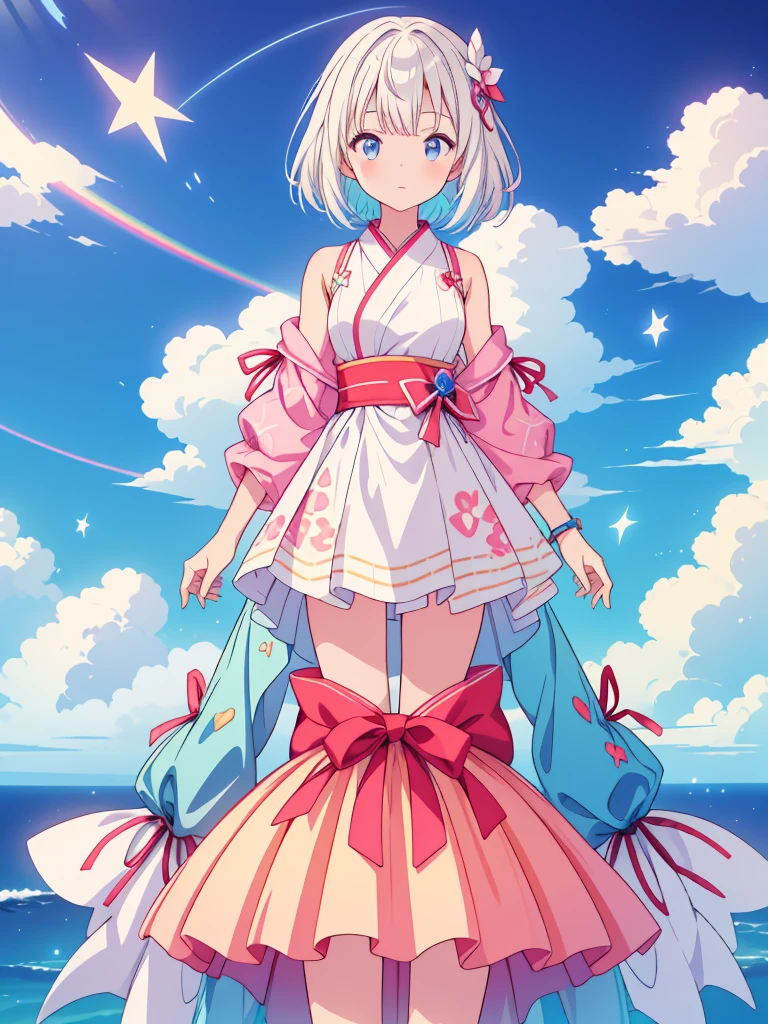 1girl,vtuber-whole body、standing strait、Star Fairy、Illustration rainbow color、Milky white smooth short hair blue gradation、whole body、A mini dress remade from a galaxy patterned yukata、Magical Light、shiny colorful、Holograph、By Yuumei、Anime Art Wallpaper 8K、Guviz style artwork、Anime art wallpaper 4k、Anime Art Wallpaper 4K 、beautiful anime artwork、Digital Anime Art、Guviz、(whole bodyレズビアン:1.2)