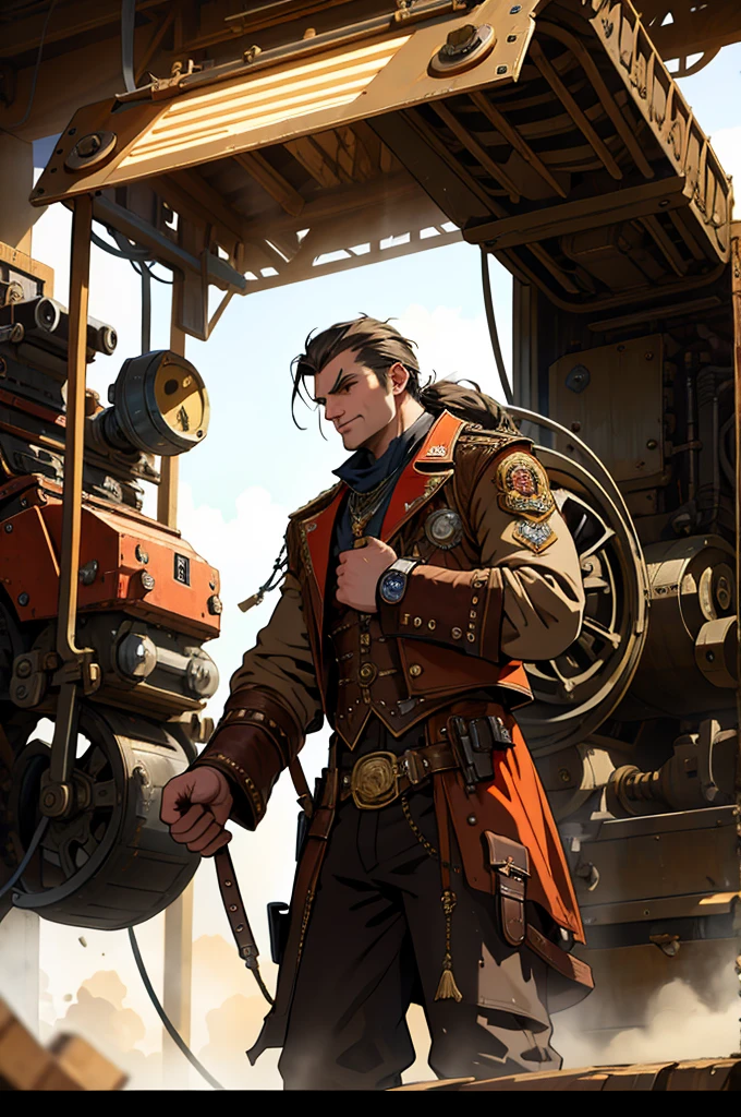 Men shooting guns at huge machines,Stylish costumes that combine Western elements with advanced technology,steam technology, steampunk,Late 19th century American West,(wild wild west),beautiful lighting, volumetric lighting, dynamic angle, sharp,
