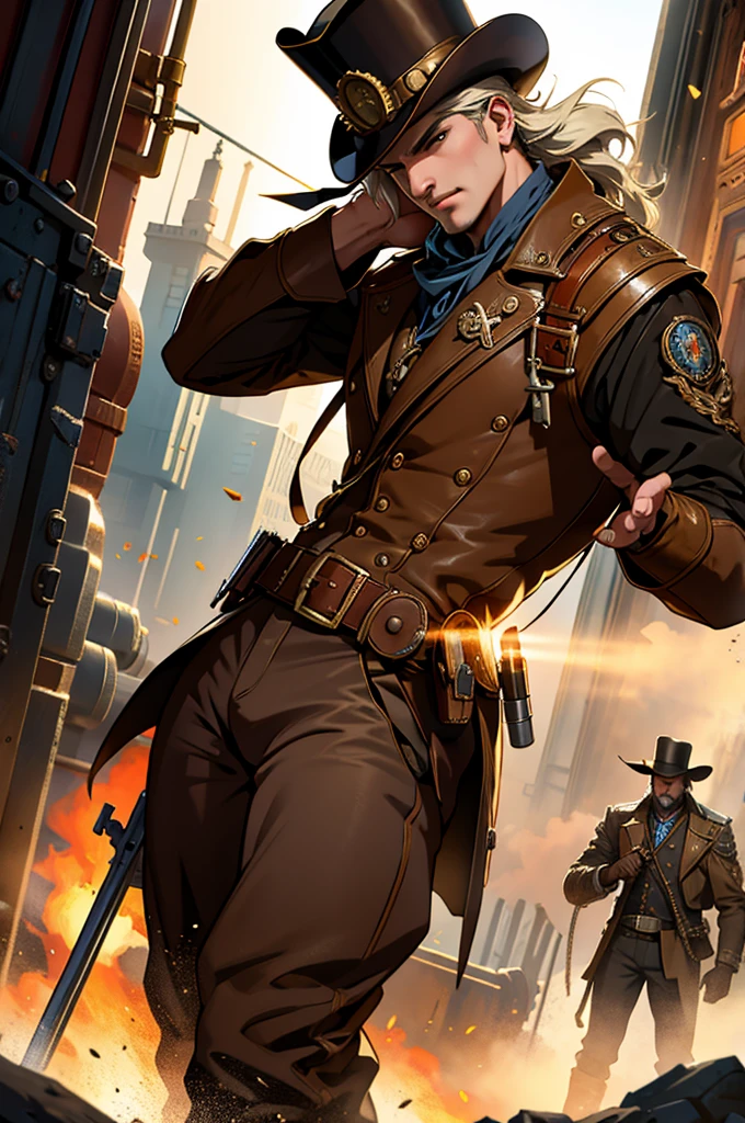 Men shooting guns at huge machines,Stylish costumes that combine Western elements with advanced technology,steam technology, steampunk,Late 19th century American West,(wild wild west),beautiful lighting, volumetric lighting, dynamic angle, sharp,