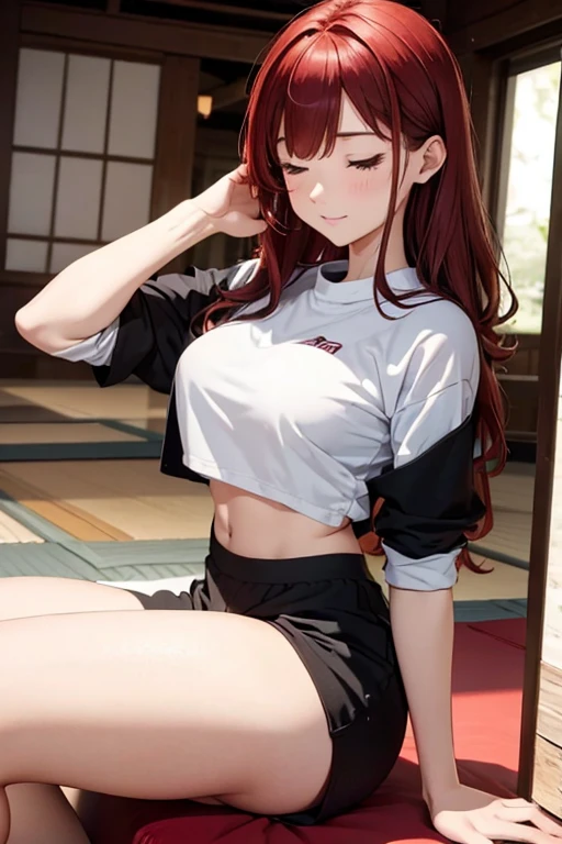 (8K), (Best Quality), (Mastepiece: 1.2)　Redhead　dojo　Zazen　Close ~ eyes　Black sweatshirt top and bottom