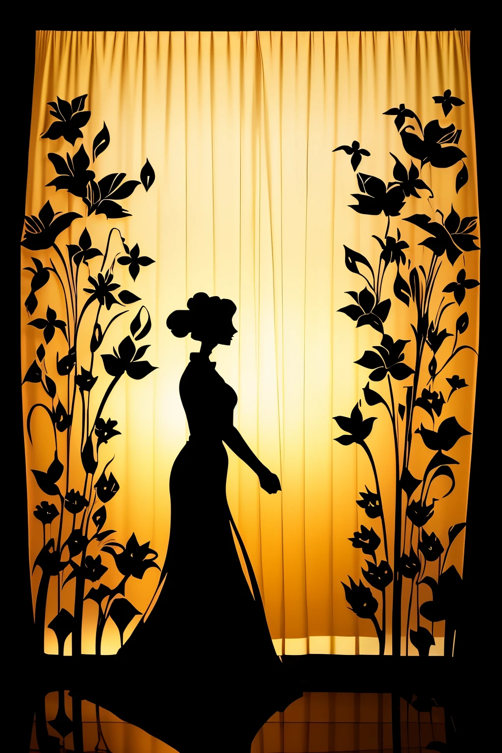 shadow art, fusion art, silhouette art, masterpiece, woman's shadow reflected on transparent and translucent curtains