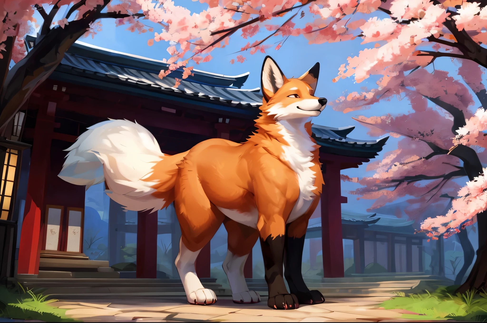 4k ultra quality, 4k full body view,(ultra high detailed body),(feral fox),by mystikfox61, by glitter trap boy,feral paws, by bebebebebe,by morethreedee, by seibear,(thick thigh),(chubby thigh),thicc thigh,thick legs,chubby legs,thicc legs,massive butt,enomorous thigh,massive thigh,massive legs,thick lower legs,wide legs,(detailed thigh),(wide thigh),fluffy belly sharp nails,((sfw)),(ultra detailed face),detailed eyes,big tail,fluffy tail,(detailed tail),enomorous tail,bigger tail,huge tail,volumetric light,muscle legs,big paws,(thick paws),fluffy paws,furry paws,enomorous paws,(animal focus), beast,(bigger lower body),strong lower body,(long legs),front view,master works, super fine, 4k resolution, high quality,high picture detail,dark fantasy,illusory engine, Masterpiece,dire fox,faint lighting,sakura,shrine,white fox,white fur,great fox,