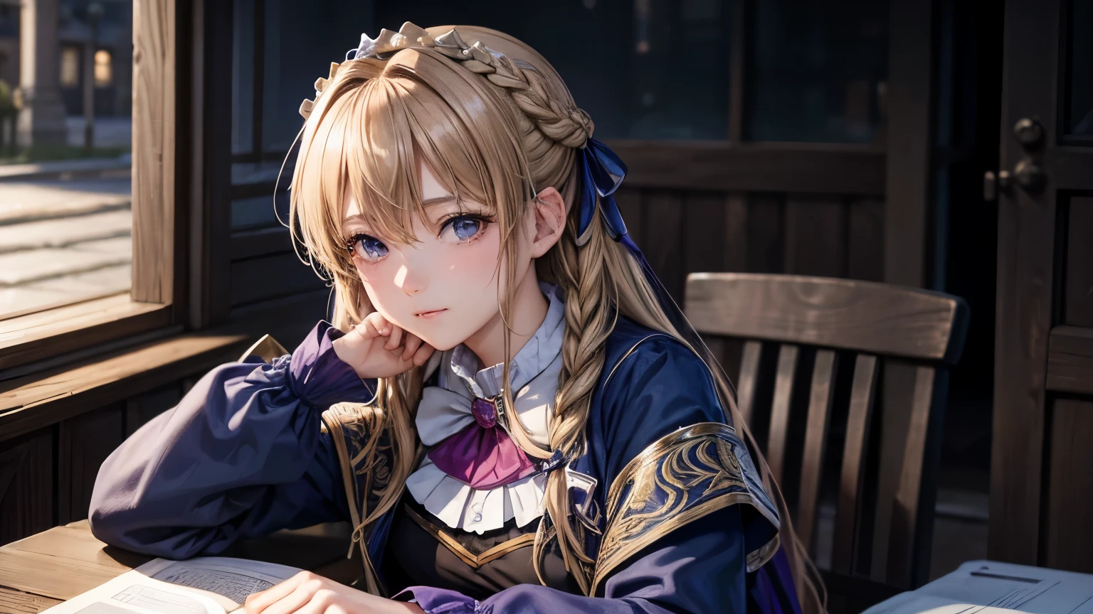 master piece, best quality, ultra high resolution, highest quality, anime style, best writing, beautiful face, violet evergarden,table top, highest quality, 1 girl, alone, blonde hair, blue eyes, hair between eyes, looking at the viewer, ribbon, red ribbon, Braid, hair ribbon, Jacket, blue jacket, jewelry, bangs, outdoor, brooch, hair intake, anime coloring book, Ascot, Beautiful girl surrounded by beautiful flowers , White Ascot, wood, closed mouth, portrait, Day Grastry Detailed CG, ( perfect anatomy),Life、Highly detailed CG, ( perfect anatomy),Life feeling