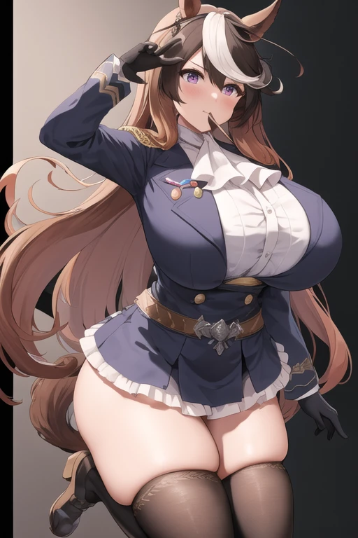 masterpiece, highest quality, High resolution, One girl, Symbol Rudolph (umamusume), Horse's ears, Animal ears, solo, horse girl, Tailed, Horse tail, Thighs Thighs Thighs Thighs, Brown haired, gloves, Hair length, Multicolored Hair, Black knee socks, Full Body Lesbian, 白いgloves, epaulet, Single epaulet, Striped Hair, Cape, Purple eyes, Red Cape, gem, Ascot,(((Incredibly large breasts)))、(Incredibly large breasts:1.5)、((Huge Breasts))、 Long sleeve, Gray Hair, Simple Background, Black footwear, 耳Nipple Ring, ホワイトAscot, standing, Single earring, Skirt, Edgelet, View your viewers, 緑のJacket, Frills, Jacket, zettai ryouiki, Black background, Hair between the eyes, naked、No clothes, Mouth closed, Bans, button, Gold border, internal, 緑のdress, dress, Medals,