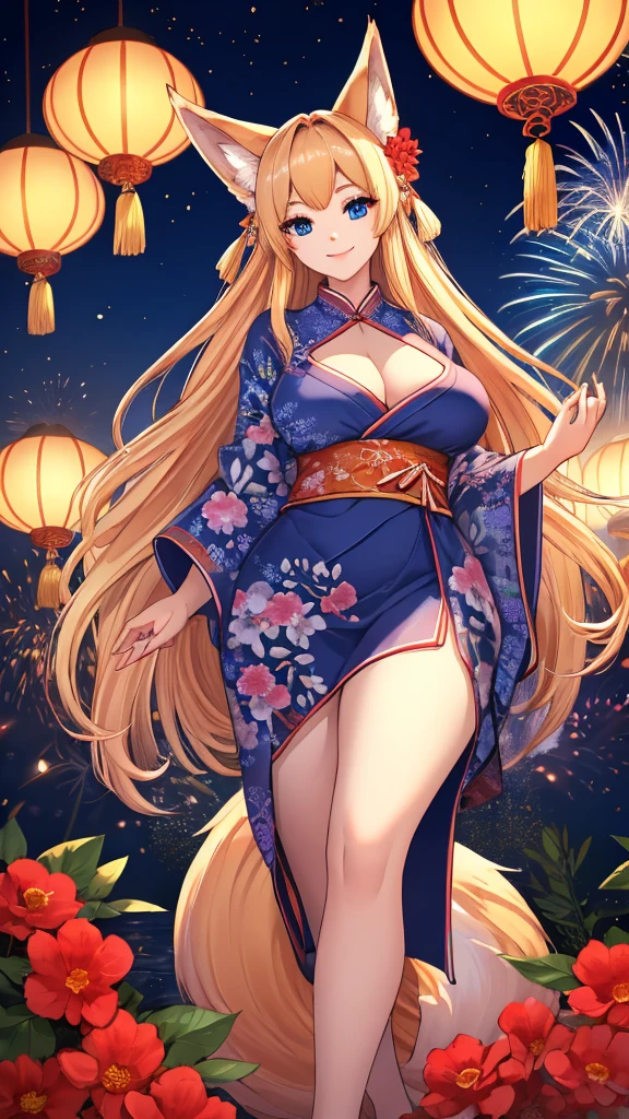 A portrait of a radiant adult woman with a warm smile directed at the viewer, she have nine "vulpine tails", Her long blonde hair is straight(frensh braid)(hair red flower)((hime cut)),"Her hairs are hidding her ears", Her eyebrows are small and refined, captivating purplish-blue eyes with bold red eyeshadow applied generously at the bottom of her eyes, Her facial features are delicate and finely shaped with a small refined nose and full lips, large and tall fluffy fox ears in vibrant orange with black tips, no clevage, Woman body set big breasts((accentuated large hips)), perfect body, She wears a wide traditional blue yukata adorned with intricate floral patterns(blue yukata),the background features a vibrant Chinese New Year celebration, lanterns, fireworks, traditional decorations, beautiful scenery,(Masterpiece, best quality, ultra-detailed),8k ultra-detailed features