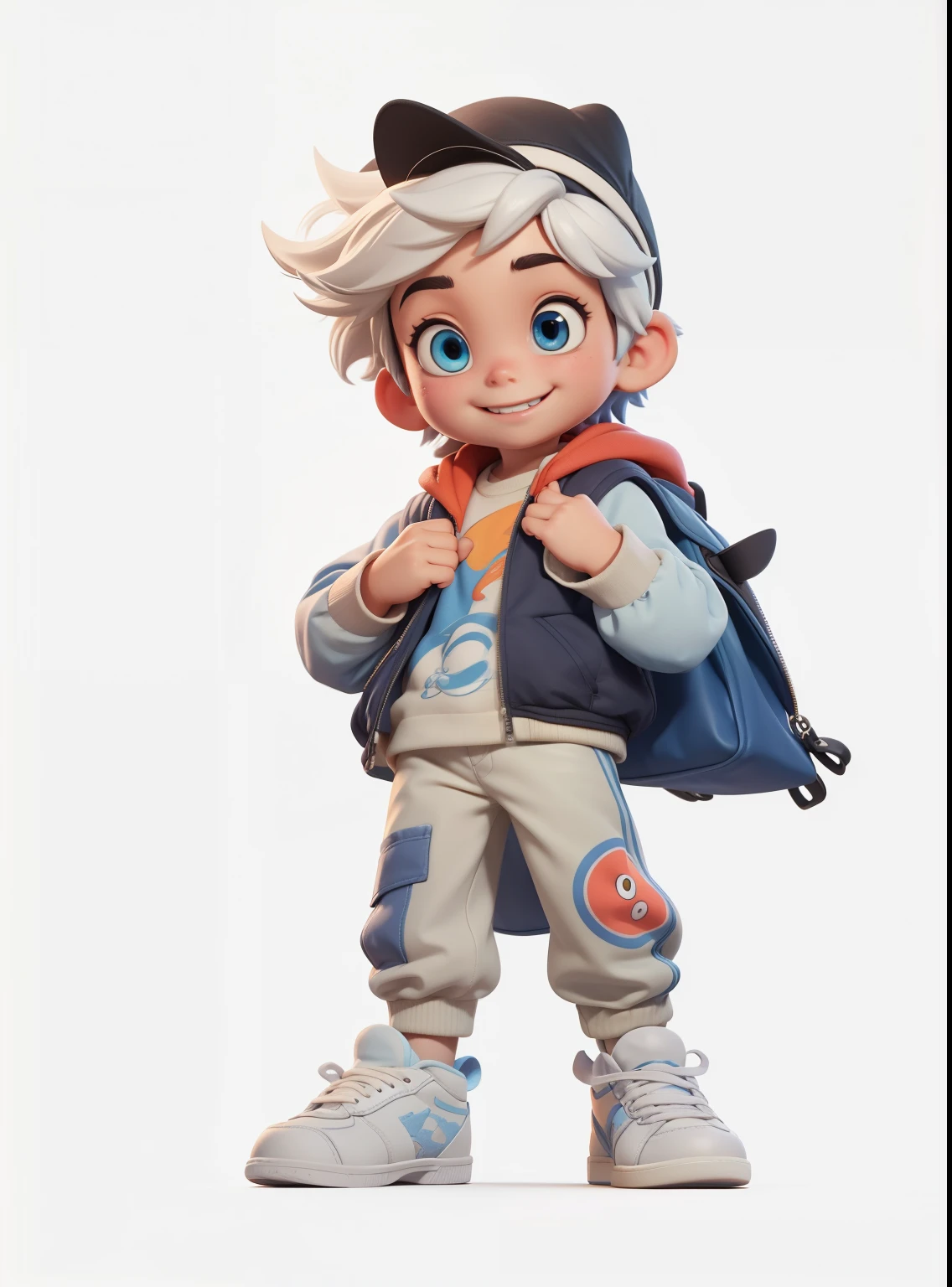 1 ,alone,Wearing a blue coat,Wearing sneakers,Black hair,Carrying a school bag on the back,simple background,Pure white background,3D Rendering,Hayao Miyazaki,Pixar,disney,Maximum resolution,8K resolution,masterpiece,5 fingers,Eyes bright and energetic,Smile,