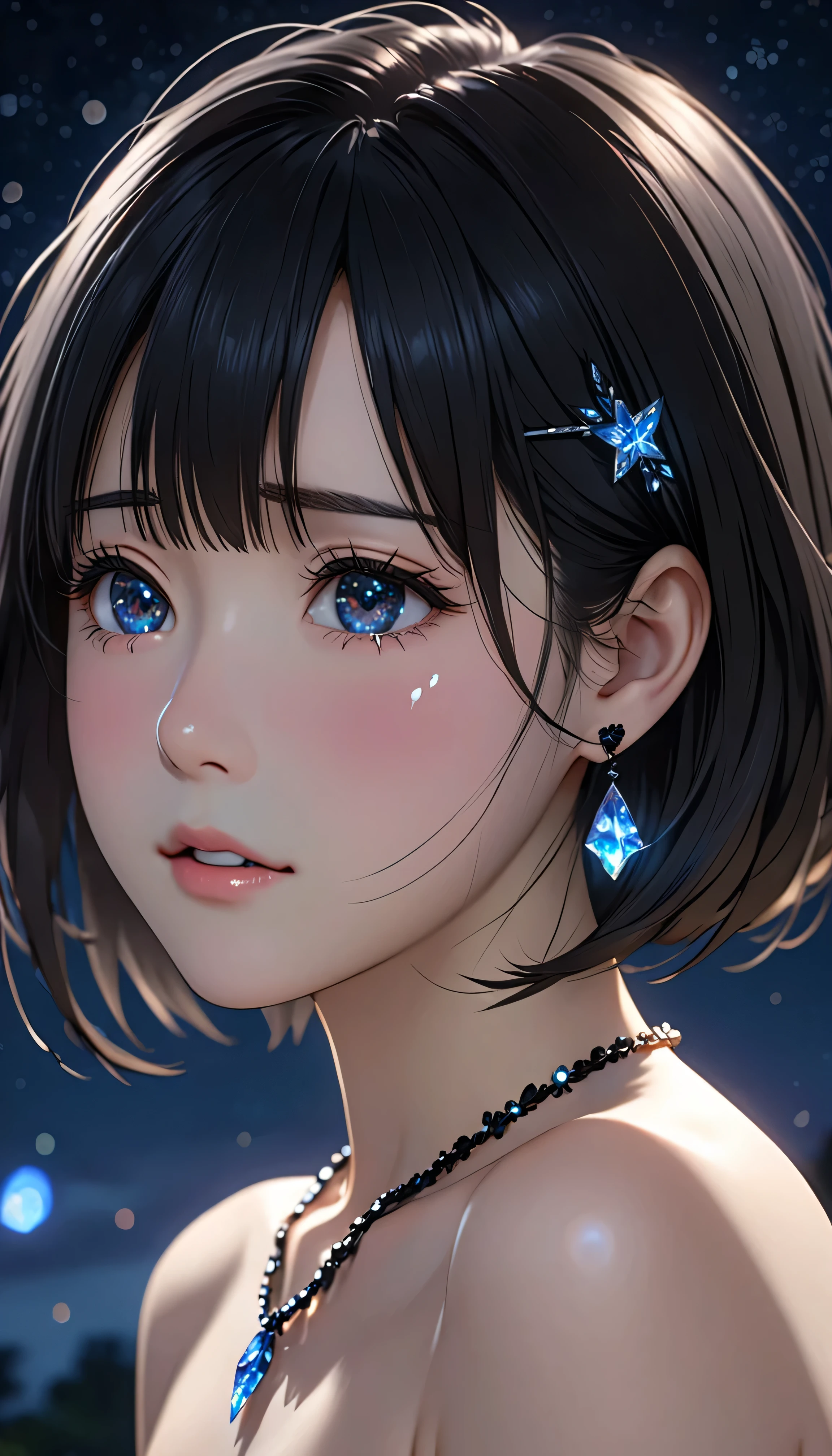 National Science Foundation,masterpiece,High resolution,8K,Art,digit,Kyoto Animation Style,your name movie style,Facing the camera,night,midnight,Soft Light,Glowing skin,(1 female: 1.3),(alone: 1.4),(((black hair))),(Naked upper body),(crystal hairpin),(black crystal necklace),(black crystal earrings),Long eyelashes,short bob,sexy pose,Close-up of upper body,Close-up,close view,nightstarry sky,Eyes as deep as the starry sky,Blushed,shy,shy,,(((cry))),(((shed tears))),open mouth