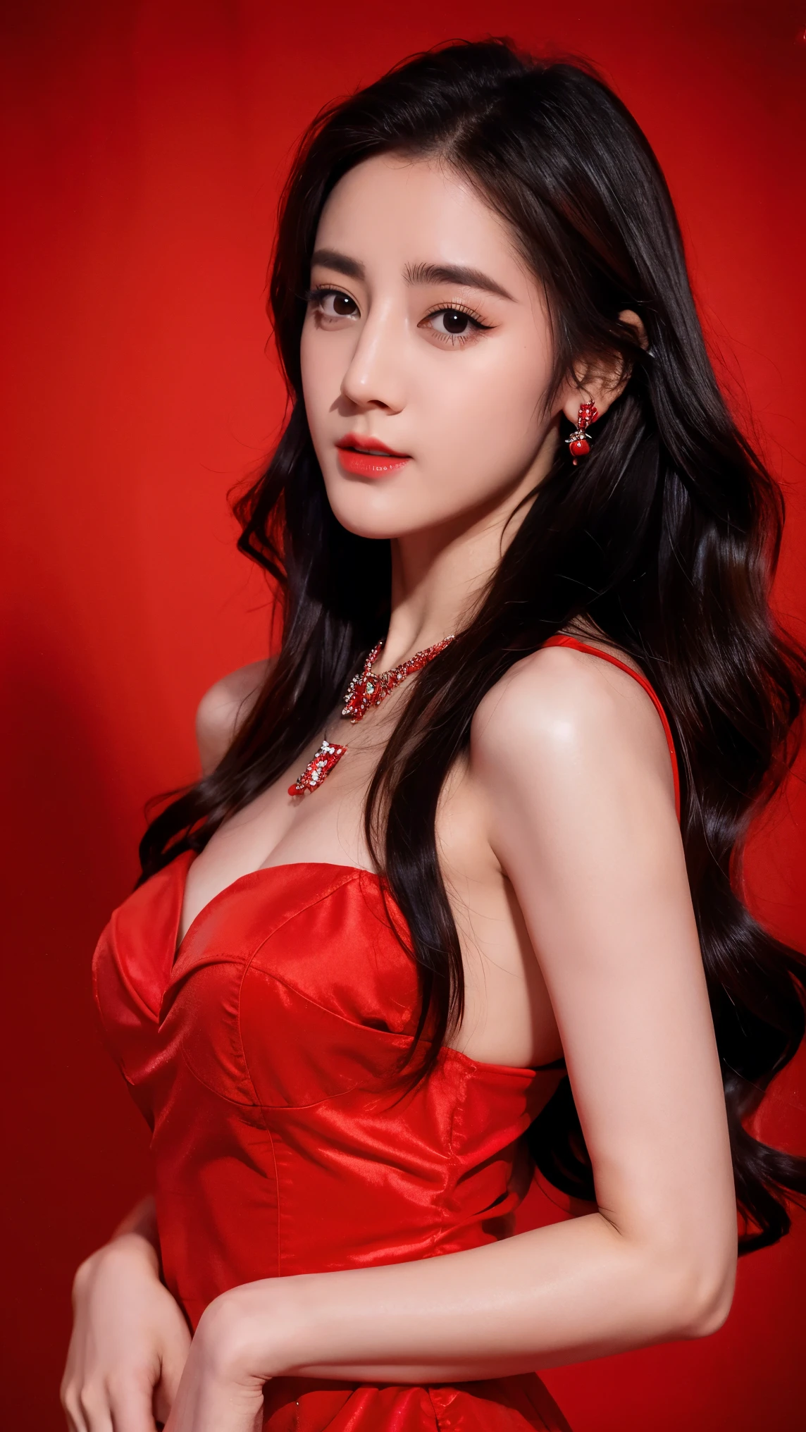 Ultra HD resolution,artistic photos,Photography,21yo girl,earrings,long hair,Red background,Black backless dress,necklace,cowboy shot,G cup