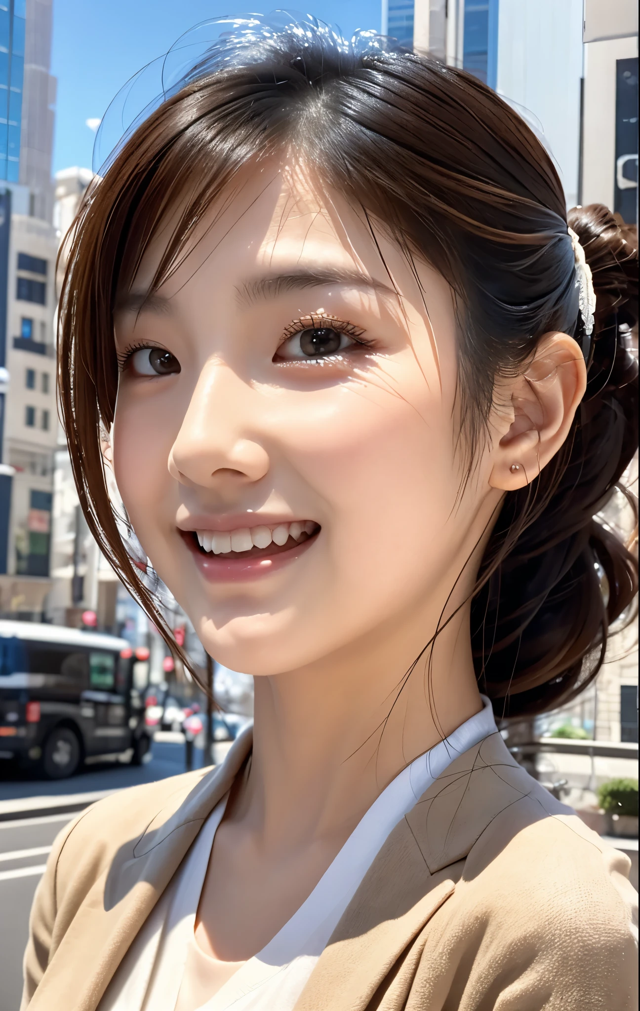 masutepiece,(An ultra-high picture quality),Japan Girl,Delicate face during lunch,Delicate skin,delicate nose,Delicate lips,delicate hair,Beautiful face,Angles facing the viewer,Laughing and having fun,Stylish café,Beautiful cityscape,Smooth semi-long chignon,Delicate eyes(Lifelike eyes),Gray business suit,About 24 years old,Good weather,profetional lighting,