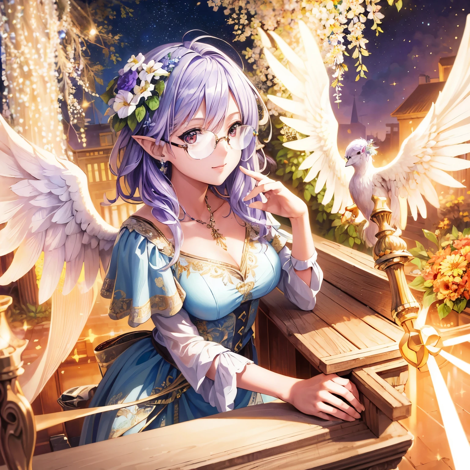 (masterpiece, highest quality, High resolution: 1.4), detailed, intricate detaileds, Beautiful girls, Angel big wings, Flower Hair Ornaments, Overhead glow, Light, garden, kind, Misha, glitter, bouquet, 4K, color splash, line art, art, Fibonacci,Glasses,Light purple hair