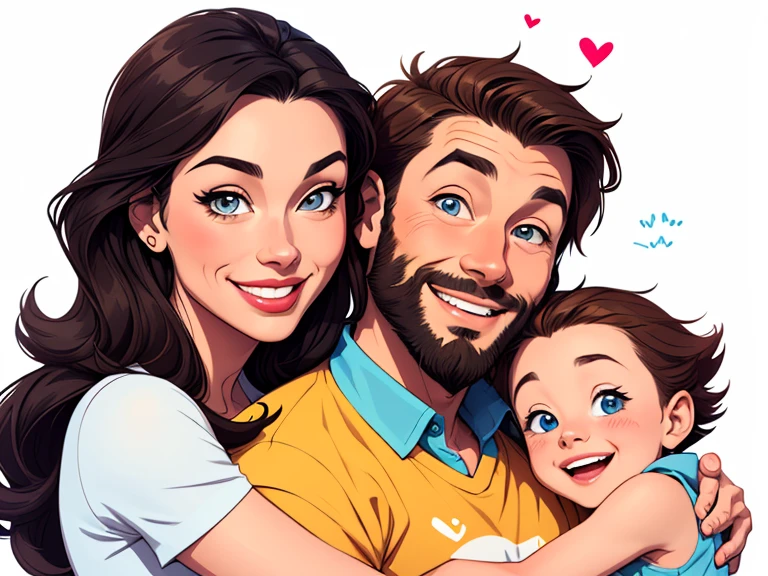 Happy couple of man with beard in his 30s and woman with beautiful smile cartoon style digital illustration white background with a son and a daughter 