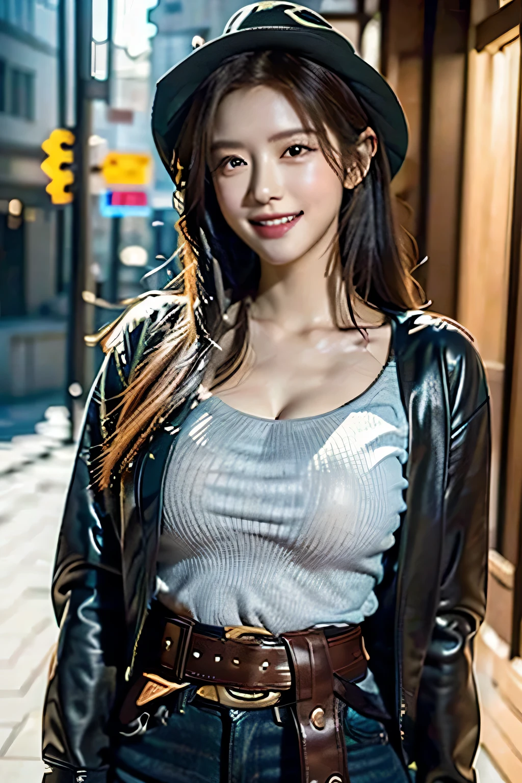 Wild West cityscape,wasteland,gunslinger costume,Short leather jacket with front opening,A ripped and tattered white shirt,Ripped and tattered distressed jeans,(Put the gun belt around your waist:1.3),(Gun Holster:1.3),Equipped with a Winchester M73 rifle on his chest,Cowboy hat,(Generate images of globally beautiful women,Especially while reflecting elements of Western beauty,A woman with a natural smile and attractive facial expression,Clear Skin,Eyes sparkling,Expresses an elegant atmosphere,bloom,sunlight ,Cinema Lighting,(Realistic, Photorealistic),(8k quality,Anatomically correct facial structure,),(Sea Art 2.0 mode:1.3),(Image Mode Ultra HD,)