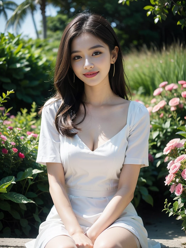1 girl, hairpins, earrings, jewelry, brown hair, looking at the audience, lips, playful, sitting in front of the drawing board, painting, thighs, whole body, in a sea of flowers or on the beach, she is wearing a white long dress, slightly sideways face, hands caressing long hair, gentle eyes, smiling, as if admiring the beauty of nature, such a photo will definitely make people feel her beautiful and innocent atmosphere. The tone of the photo can be predominantly natural, biased towards bright and soft, making people feel warm and serene. It seems to be dancing in harmony with its surroundings. Her breath is full of vitality and vitality, as if her whole body is venting the energy of youth. The whole picture is made more vivid by her presence, making people feel endless joy and vitality.