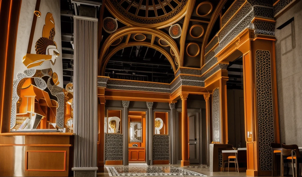 there is a large dining room with orange walls and chairs, by Sam Black, by derek zabrocki, by Benjamin Block, restaurant interior photography, by Micha Klein, by Kurt Roesch, by Daniel Schultz, in style of kyrill kotashev, by Austin English, by Gavin Nolan, by Lisa Nankivil, by Mathias Kollros