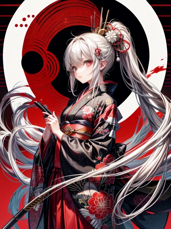 Girl in kimono standing with Japanese sword, white medium hair, red eyes, red lips, kimono with red cluster amaryllis pattern on black background, red splash pattern on black background, super high quality, super fine detail, super fine kimono pattern