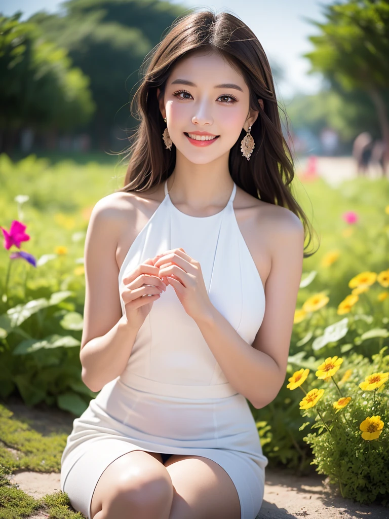 1 girl, hairpins, earrings, jewelry, brown hair, looking at the audience, lips, playful, sitting in front of the drawing board, painting, thighs, whole body, in a sea of flowers or on the beach, she is wearing a white long dress, slightly sideways face, hands caressing long hair, gentle eyes, smiling, as if admiring the beauty of nature, such a photo will definitely make people feel her beautiful and innocent atmosphere. The tone of the photo can be predominantly natural, biased towards bright and soft, making people feel warm and serene. It seems to be dancing in harmony with its surroundings. Her breath is full of vitality and vitality, as if her whole body is venting the energy of youth. The whole picture is made more vivid by her presence, making people feel endless joy and vitality.