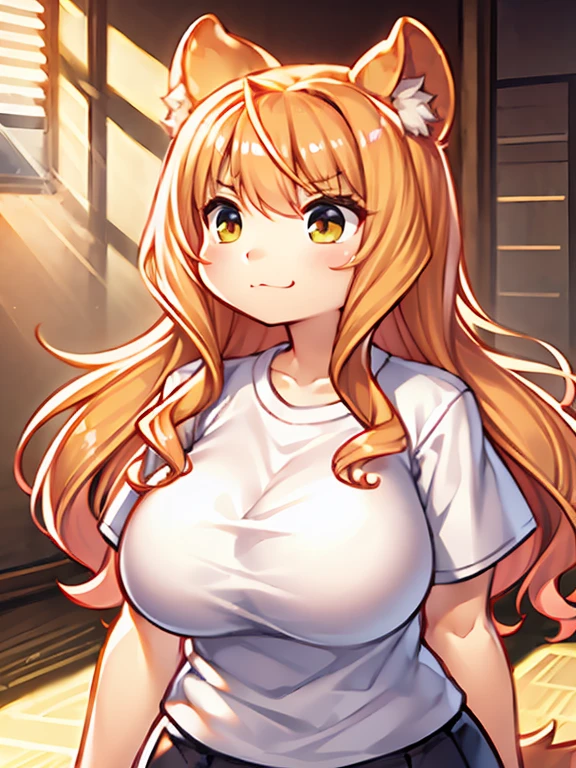 furry, White fur, Super cute face, Red elements of fur, Glowing T-shirt, Beautiful light and shadow, Zhou Xianguang, Very fine fur, Volumetric Light, Cat girl, big , thick, Plump, Chubby