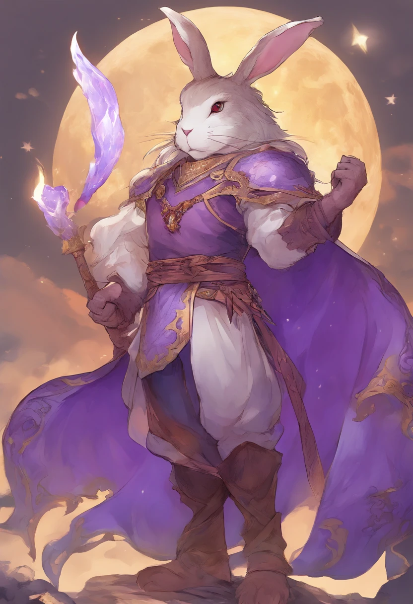 A huge, muscular rabbit、Lunar Surface、Wear the purple flame in your hand、Big Red Moon