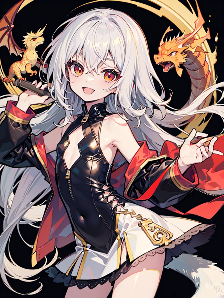 anime style,flat chest shota,kawaiI small little shota,oriental dragon shota,oriental dragon horn and tail,long hair,white hair,messy hair,zip slit red bodycon Cheongsam dress,Lace up on flank,smiling,