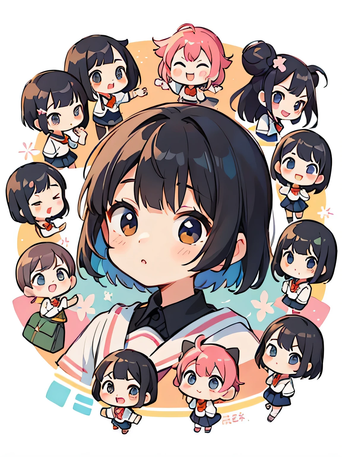 Momoko Sakura style, Kawaii Design, (((10 people)))、most beautiful girl ever、Chibi, Colorful bob hair、((Lots of friends))、Play with everyone、primary school
