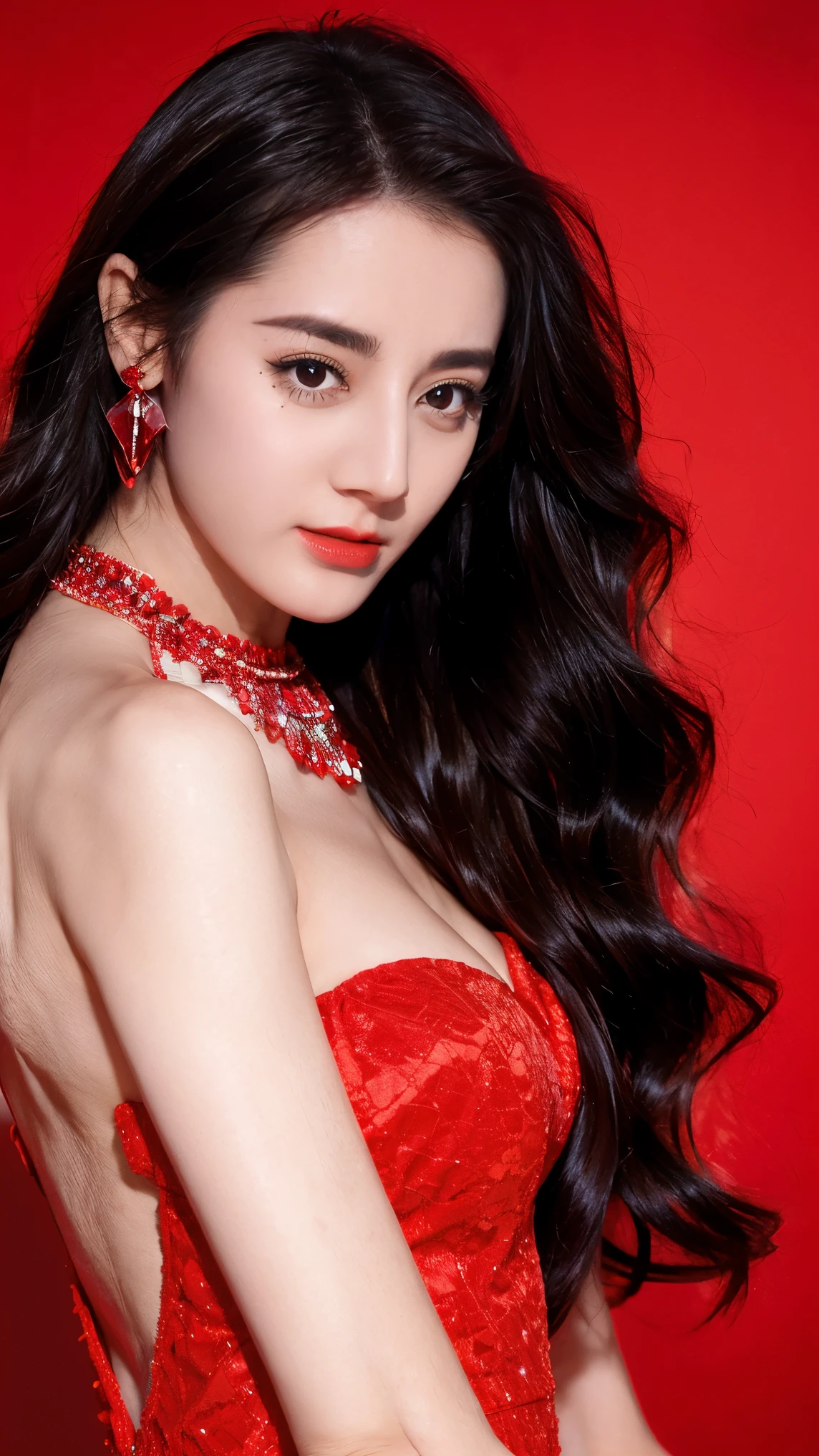 Ultra HD resolution,artistic photos,Photography,21yo girl,earrings,long hair,Red background,Black backless dress,necklace,cowboy shot,G cup