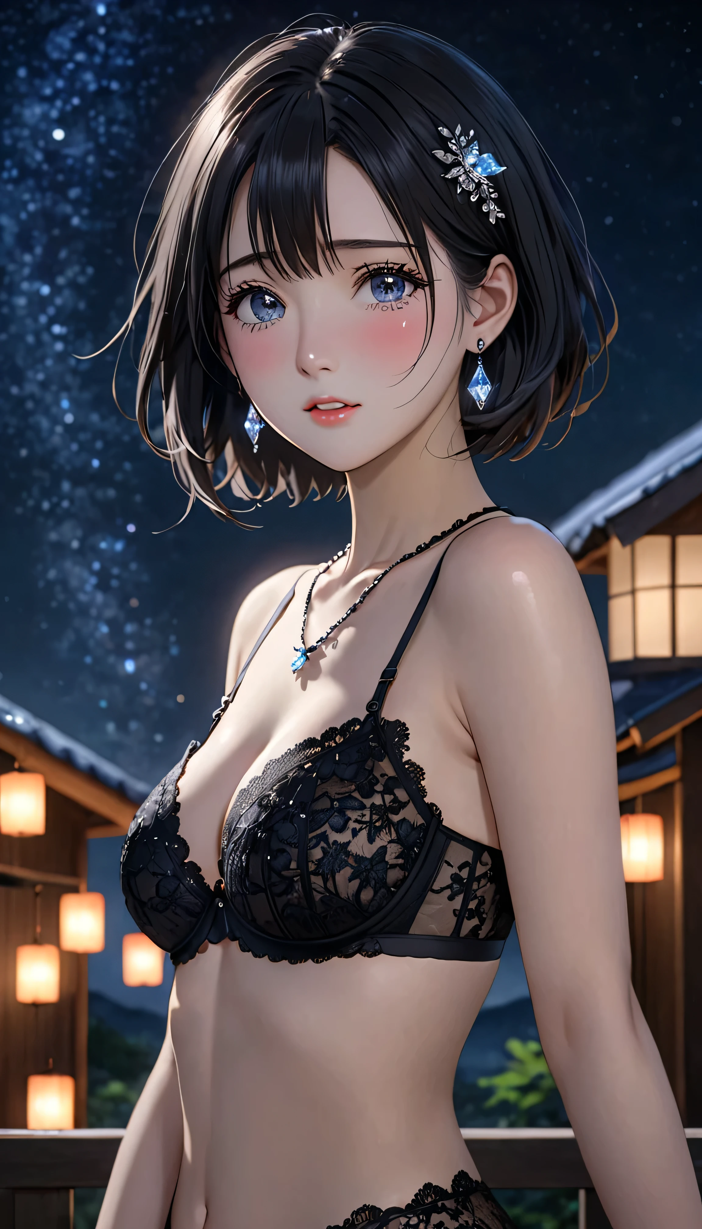 National Science Foundation,masterpiece,High resolution,8K,Art,digit,Kyoto Animation Style,your name movie style,Facing the camera,night,midnight,Soft Light,Glowing skin,(1 female: 1.3),(alone: 1.4),(((Black hair))),(Gorgeous,Sparkling black lace bra),(Swarovski crystals on black lace bra),(Gorgeous lace over-the-knee socks),(crystal hairpin),(black crystal necklace),(black crystal earrings),Long eyelashes,short bob,sexy pose,Full body image,nightstarry sky,Eyes as deep as the starry sky,Blushed,shy,shy,open mouth,(((cry))),(((shed tears)))