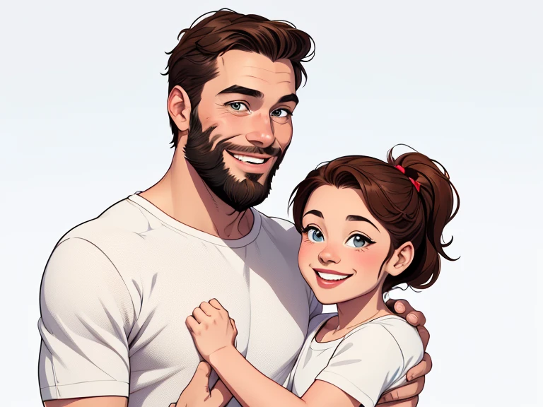 Happy couple of man with beard in his 30s and woman with beautiful smile cartoon style digital illustration white background with a son and a daughter