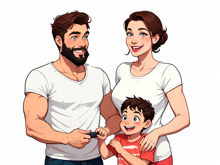 Happy couple of man with beard in his 30s and woman with beautiful smile cartoon style digital illustration white background with a son and a daughter 