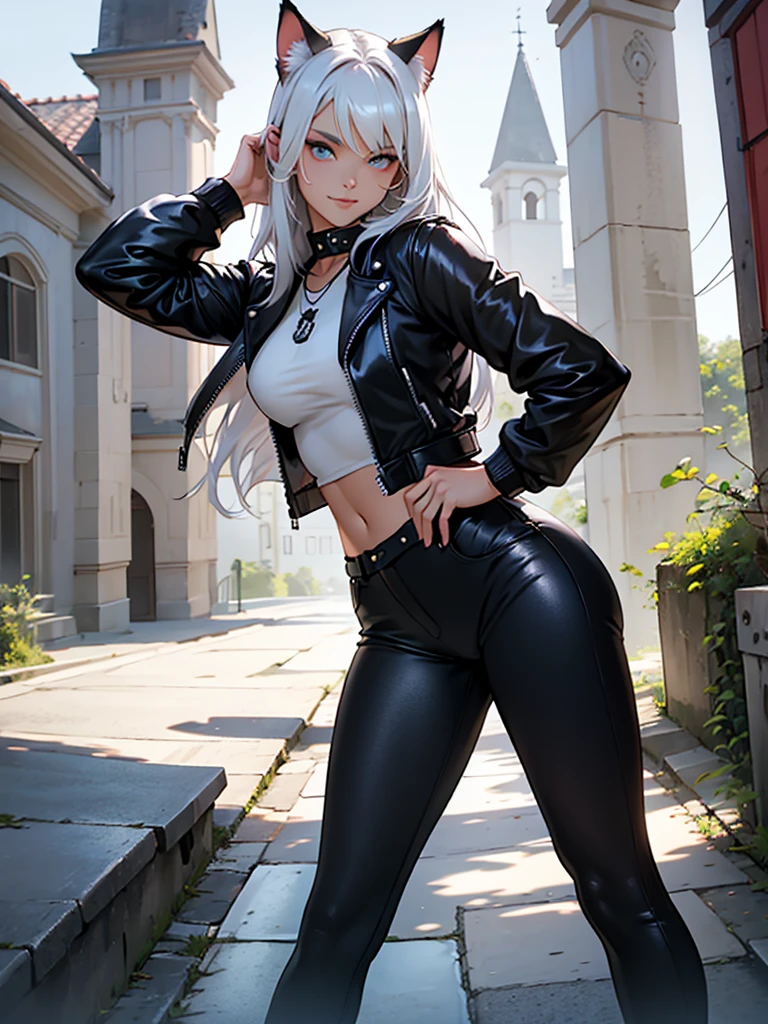 (Cool female police officer.Well-formed face.expensive.Very muscular, Slim body.beautiful six pack abs.Big eyes.Beautiful Blue Eyes.Gray Hair.Boyish medium-long hair with a center part.I can see your forehead.Heavy eye makeup.Dark lipstick.Tight waist.Very large breasts.Very large breastsの谷間.Beautiful pale pink areola.Firm Skin).(small, See-through white leotard.Nipples are visible.Black leather boots with lots of belts.Cat ear).(Skyscraper rooftop.Future City.Late Night.You can see the city at night.Floating in the air.Sitting.My hair is blowing in the wind.Smile faintly.Sticking out tongue)Perfect Face.Accurate human body.Accurate 5 fingers.High resolution.Full body image