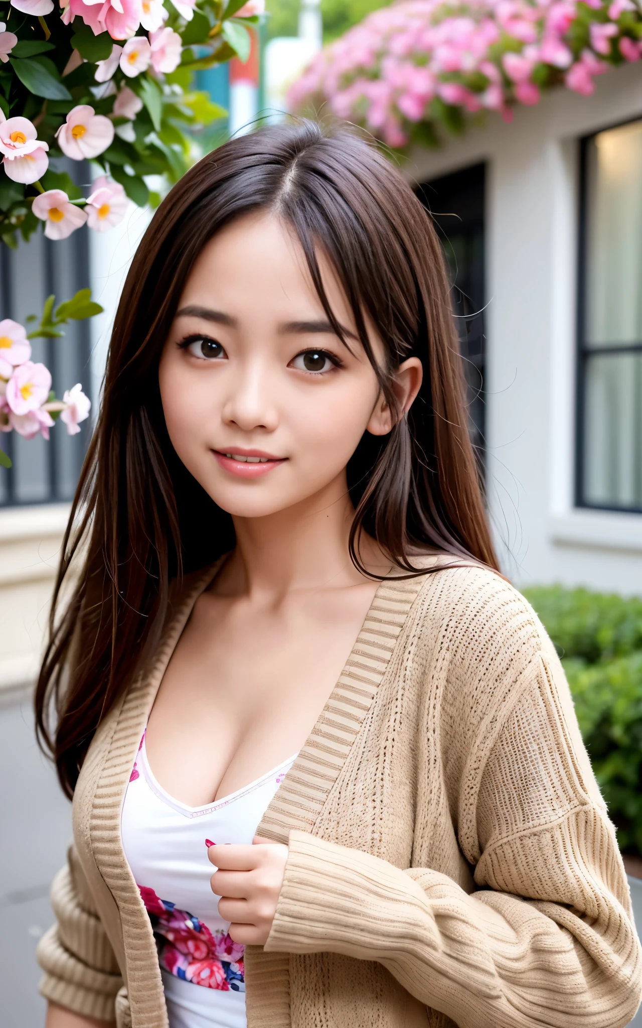 highest quality, figure, Ultra-detailed, finely, High resolution, 8K Wallpaper, 完璧なダイナミックな構figure, Beautiful Skin, (Big Eyes), 20 year old beautiful girl, Natural color lip, (Sexy pose), Mid chest, smile, Highly detailed face and skin texture, Detailed eyes, Double eyelid,leaking teeth and laughing, close-up, profile, Brown long hair, (Cardigan with a floral pattern), (trainer:1.2),In town