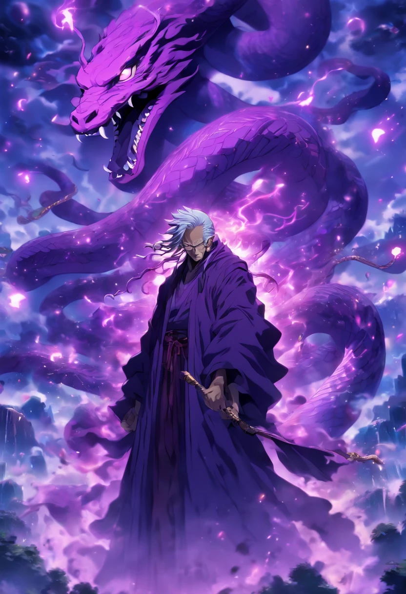 (a-purple-themed,18K resolution,highly detailed,masterpiece:1.2),a sinister old man wearing a purple robe,holding a staff,poisonous substances in the air,with a faint ghostly silhouette of a purple serpent hovering overhead.