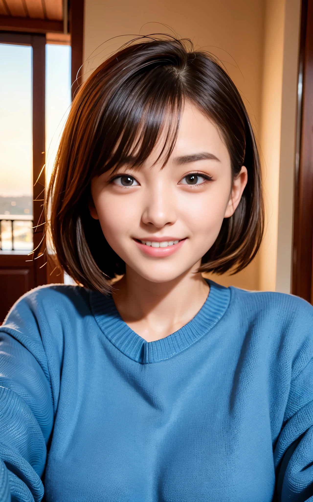 (masterpiece)、(Highest quality:1.5)、(Photorealistic:1.2)、(Surreal), (High resolution), (Realistic), (Post-processing),(Sharp focus), Sharp focus:1.2,Backlight, (Improvement of quality:1.4), Healthy thighs、(Narrow waist)、Big Ass、((Perfectly detailed five-fingered hands)),(Anatomically correct body)、((1 female:1.4))、Japanese、Realistic Skin、(Small chest:1.4)、Bust size is A cup、Pretty woman with perfect figure:1.4,(from the front:1.5), (Enhances the beauty of skin texture:1.1),No makeup、美しいBlack Hair、The best smile、Natural color lip、(Small Mouth:1.4)、(Oval Face)、Even bangs、Hide eyebrows with bangs、((29-year-old woman))、Bob Hair、Hair blowing in the wind, (Black Hair, Iris, Watery eyes, Shining Eyes, Bob Cut Hair, Small earrings,), Hair behind the ear、No makeup、(Drooping eyes)、Drooping eye corners、whole body、(((One lovely woman)),((A big friendly smile)),(( Small breasts,Small breastsの谷間)),((((Plump Cheeks)))),((whole body:1.5)), Japanese Idols,very cute,(Baby Face),sweater, Look at us and laugh, Upper Body, Highly detailed face and eyes,((Shiny skin:1.2)), Cinema Lighting, Soft Light, Blur the background, Bokeh,(office, Modern, stylish, Glass Wall, Open space:1.2)