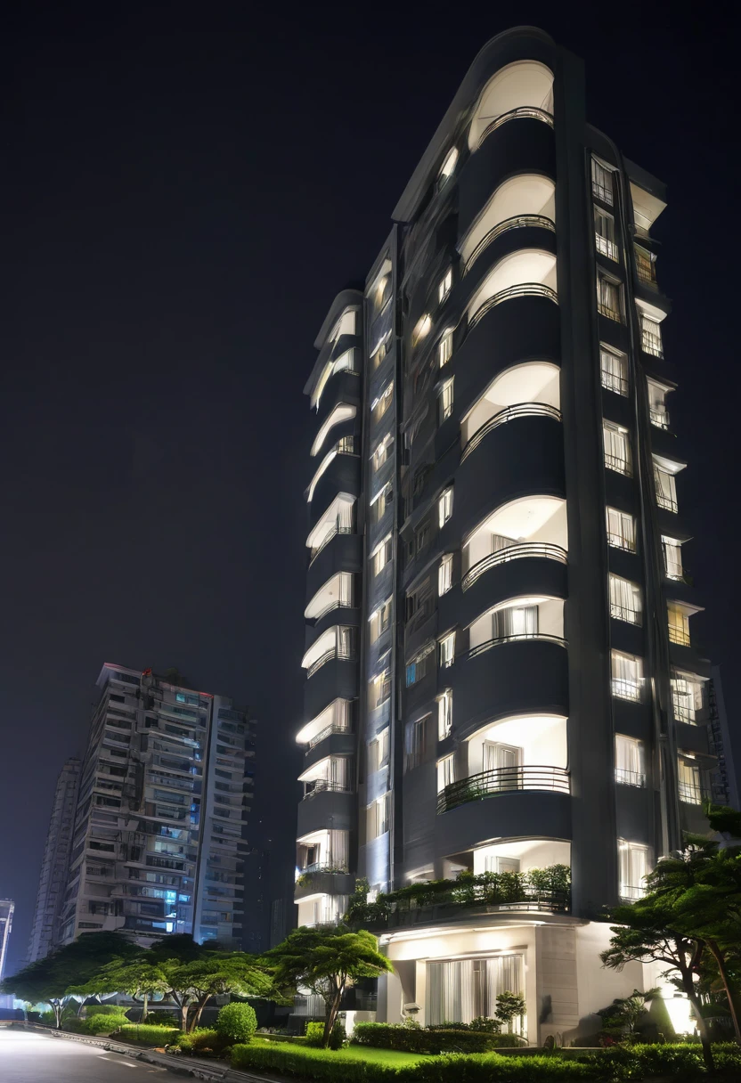 a photo of residence, Modern style, night view, high-rise, Clean lines