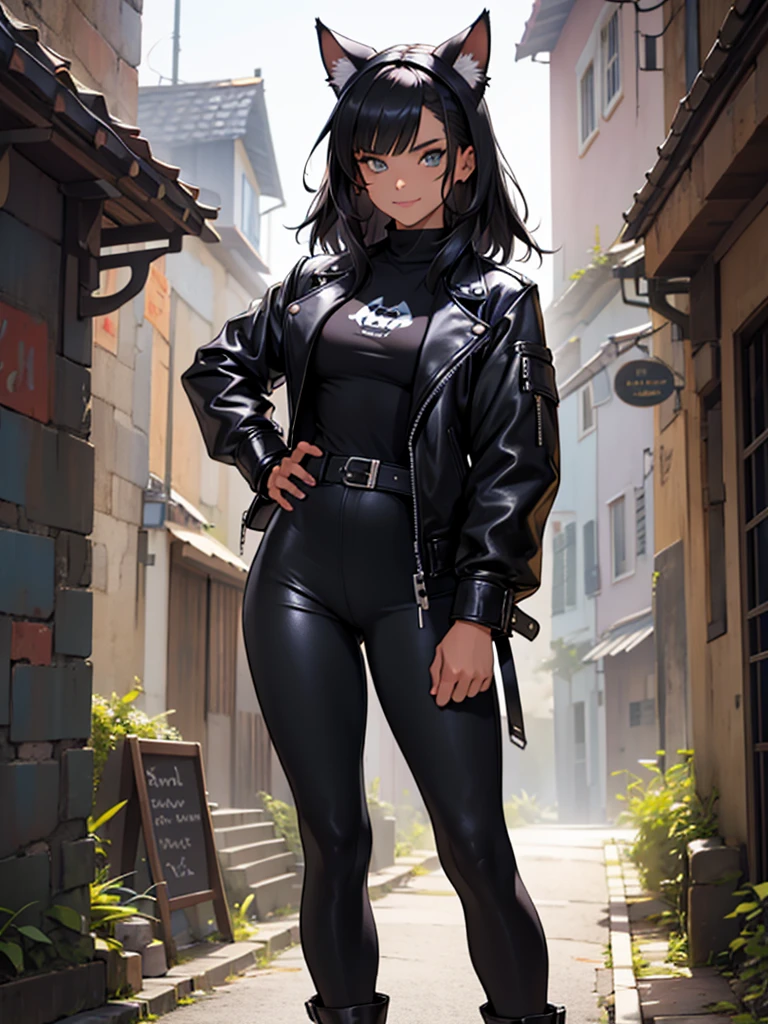 beautiful young female warrior fighter with cat ears on her head, com rosto bem detalhado e bonito, belos olhos, belos olhos, rosto lindo, beautiful young woman wearing long black leggings with black details, mini saia curta, usando jaqueta de couro preta, standing in a castle, usando bota preta, cabelo comprido com franja preto, ,orelhas de gato, belo sorriso, tomboy, um pouco musculosa,suter branco com cinta em volta, olhar serio,usando jaqueta de couro preto, com ombreiras de prata nos ombros, leather jacket