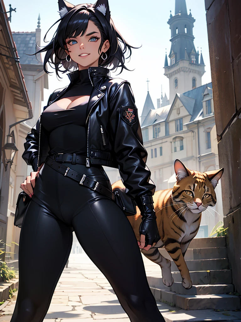 beautiful young female warrior fighter with cat ears on her head, com rosto bem detalhado e bonito, belos olhos, belos olhos, rosto lindo, beautiful young woman wearing long black leggings with black details, mini saia curta, usando jaqueta de couro preta, standing in a castle, usando bota preta, cabelo comprido com franja preto, ,orelhas de gato, belo sorriso, tomboy, um pouco musculosa,suter branco com cinta em volta, olhar serio,usando jaqueta de couro preto, com ombreiras de prata nos ombros, leather jacket