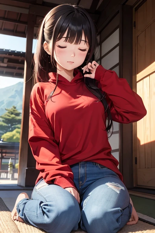 (8K), (Best Quality), (Mastepiece: 1.2) Japan A woman practicing zazen Eyes closed, red sweatshirt jeans