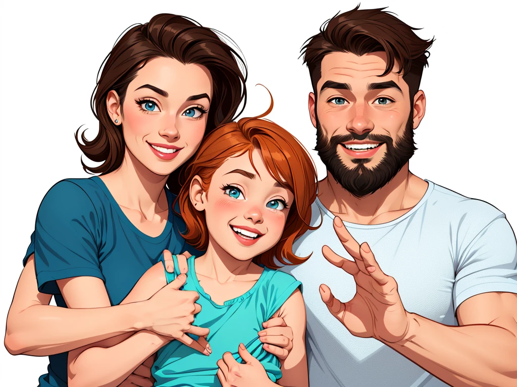 Happy couple of man with beard in his 30s and woman with beautiful smile cartoon style digital illustration white background with a son and a daughter 