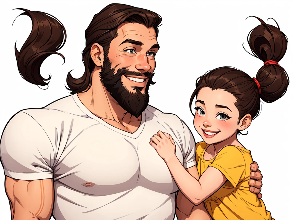 Happy couple of man with beard in his 30s and woman with beautiful smile cartoon style digital illustration white background with a son and a daughter 