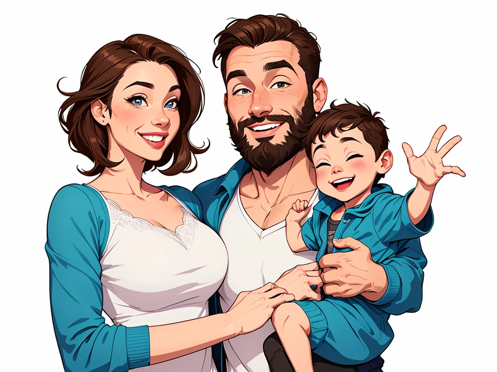 Happy couple of man with beard in his 30s and woman with beautiful smile cartoon style digital illustration white background with a son and a daughter 