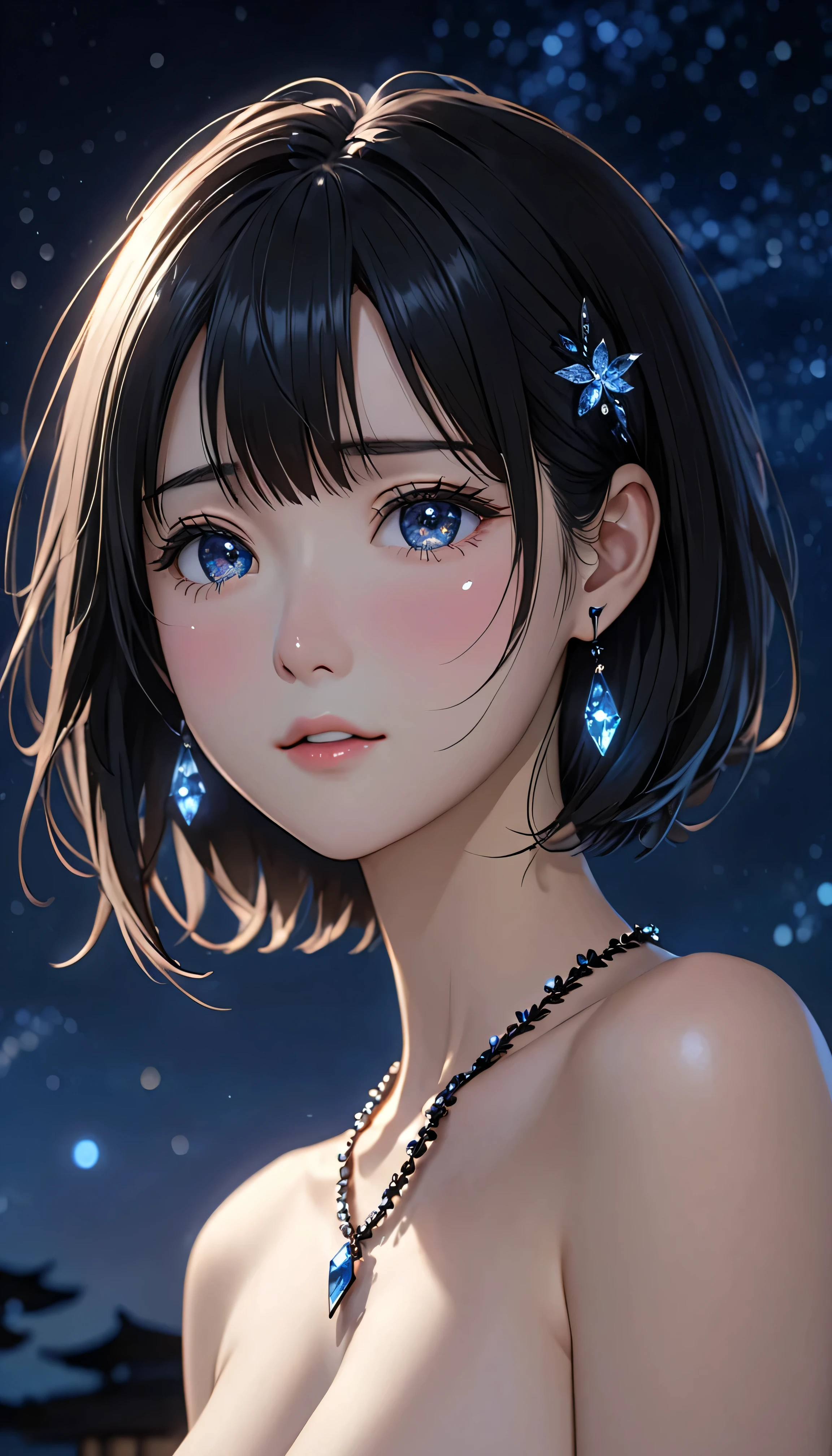 National Science Foundation,masterpiece,High resolution,8K,Art,digit,Kyoto Animation Style,your name movie style,Facing the camera,night,midnight,Soft Light,Glowing skin,(1 female: 1.3),(alone: 1.4),(((black hair))),(Naked upper body),(crystal hairpin),(black crystal necklace),(black crystal earrings),Long eyelashes,short bob,sexy pose,Chest close-up,Close-up,close view,nightstarry sky,Eyes as deep as the starry sky,Blushed,shy,shy,,(((cry))),(((shed tears))),open mouth