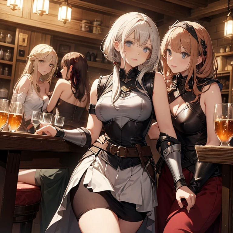 A group of  female medieval fantasy adventurers, (in tavern), various hair styles, harem, night, details face, short skirt, seducing, sleeveless, armor 