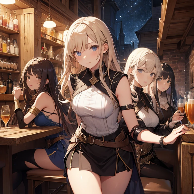 A group of  female medieval fantasy adventurers, (in tavern), various hair styles, harem, night, details face, short skirt, seducing, sleeveless, armor 