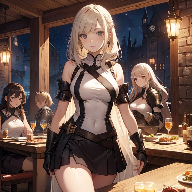 A group of female medieval fantasy adventurers, (in tavern), various hair styles, harem, night, details face, short skirt, seducing, sleeveless, armor