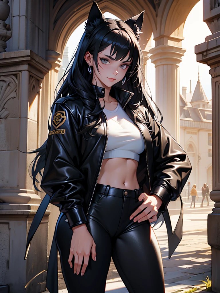 beautiful young female warrior fighter with cat ears on her head, com rosto bem detalhado e bonito, belos olhos, belos olhos, rosto lindo, beautiful young woman wearing long black leggings with black details, mini saia curta, usando jaqueta de couro preta, standing in a castle, usando bota preta, cabelo comprido com franja preto, ,orelhas de gato, belo sorriso, tomboy, um pouco musculosa,suter branco com cinta em volta, olhar serio,usando jaqueta de couro preto, com ombreiras de prata nos ombros, leather jacket