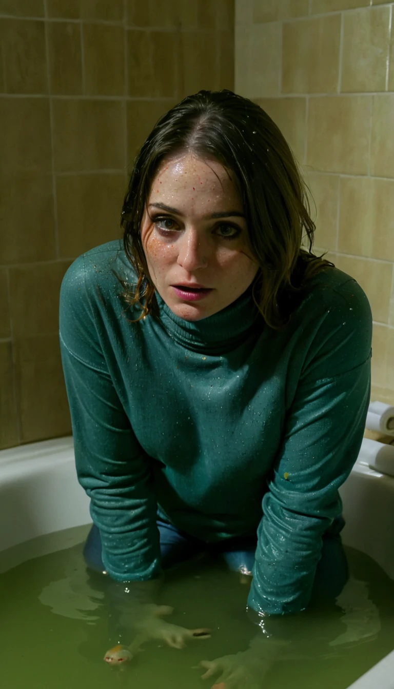 (realistic,photorealistic:1.37),soaked 40-years-old woman in jeans and turtleneck,victim of voyeurism,caught,depraved,with shame and gloomy ecstasy,hard breath,convulsions,drowning in murky bath, standing,photorealistic,ultra-detailed,professional,vivid colors,dramatic lighting, inside bath,freckles, from above side view